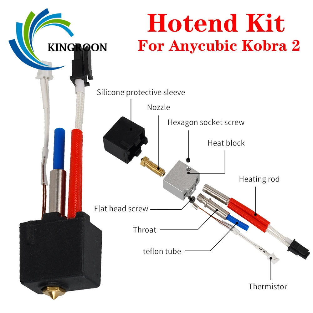 For Anycubic Kobra 2 Hotend 24V 60W Throat For Kobra 2 Hotend Nozzle Thermistor Heat Block Nozzle Heating Rod Telfon Tube