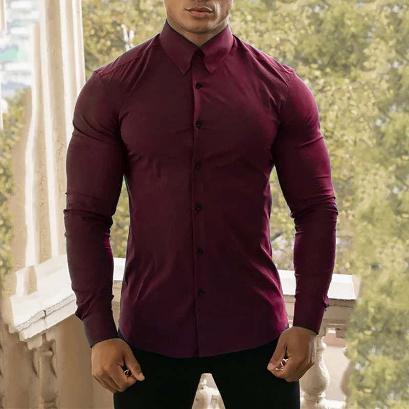 Spring Autumn Fashion Long Sleeve Shirt Men Super Slim Fit Classic Turn-down Single Breasted Casual Business Work Dress Shirt