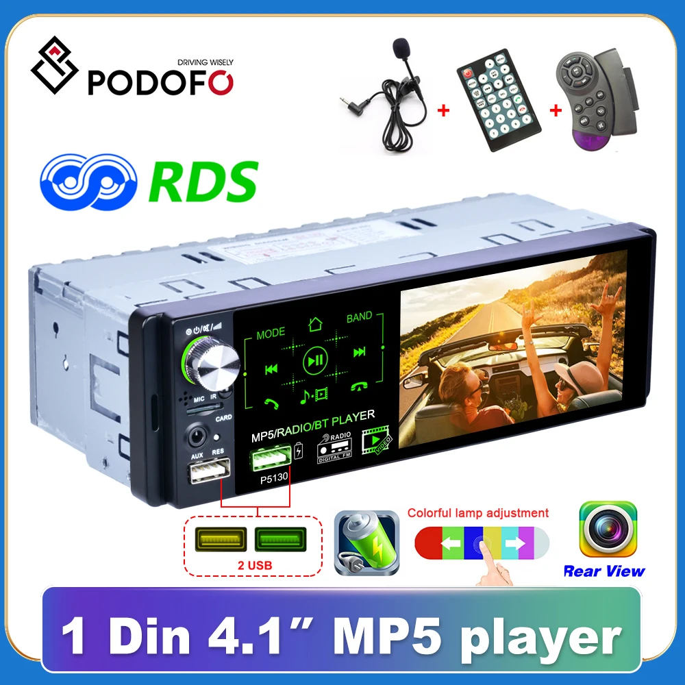 

Podofo Radio Car Autoradio 1 Din Multimedia MP5 Player 4.1" Touch Screen Radios Audio Stereo RDS Bluetooth Dual USB Microphone