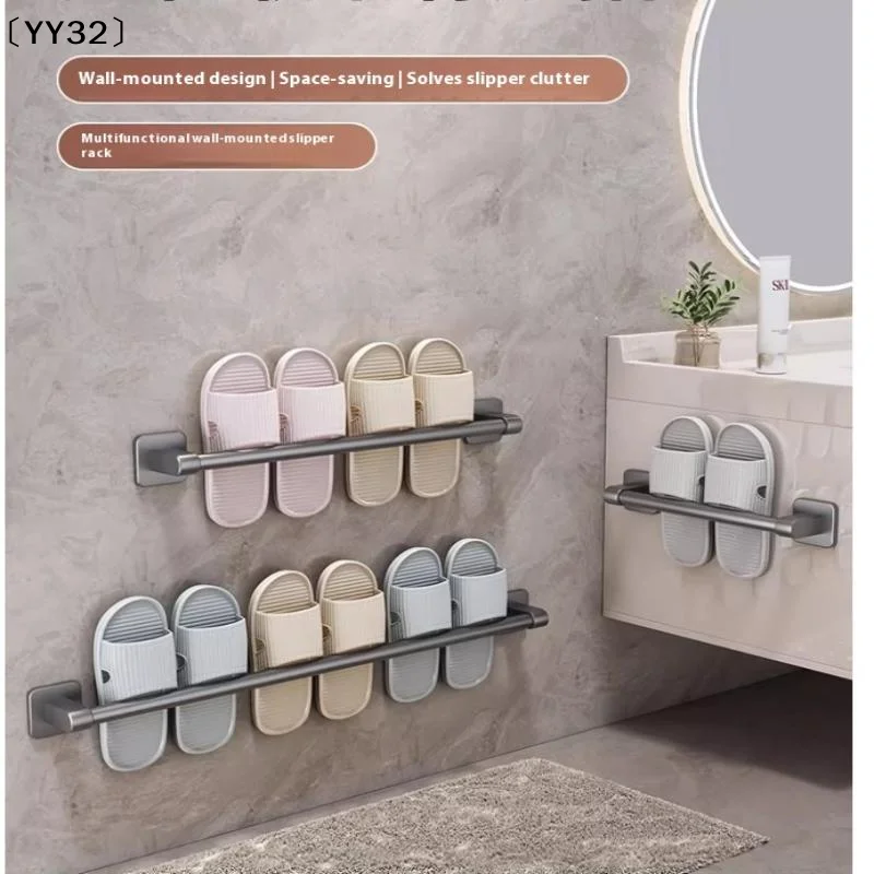 Two Layer Punch-Free Towels Holder Bar Bathroom Storage Rack Towel Rack Organizer Wall-Mounted Towel Shelf〔YY32〕