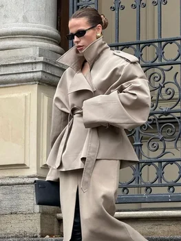 Women Lapel V-neck Belt Trench Coat Lace Up Button Full Sleeve Short Thin Windbreak 2026 Lady New Fashion Daily Street Outerwear 5