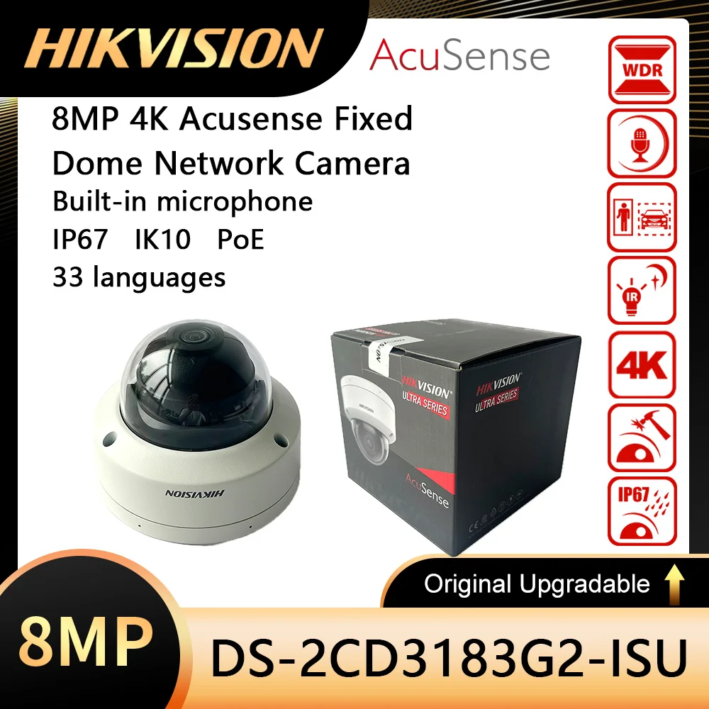 

Hikvision DS-2CD3183G2-ISU 8 МП 4K AcuSense Фиксированная купольная сетевая камера 33 языка PoE Ip67 Ik10 Встроенный микрофон