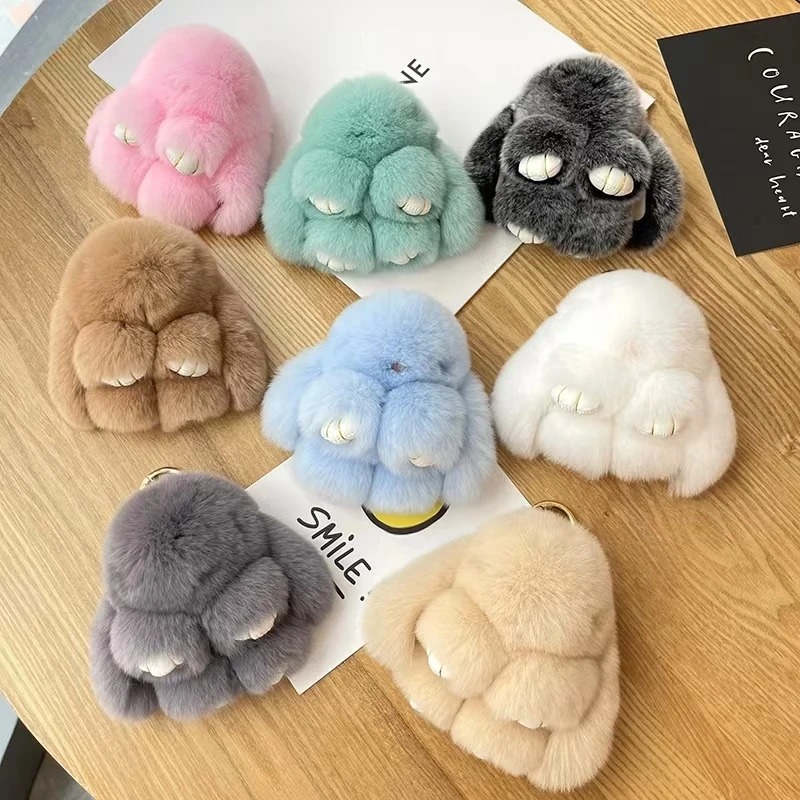 Mini Real Rex Rabbit Fur Bunny Keychain Toy Doll Keyring Tote Bag Charm 10CM Fur Rabbit Keychain Car Pendant