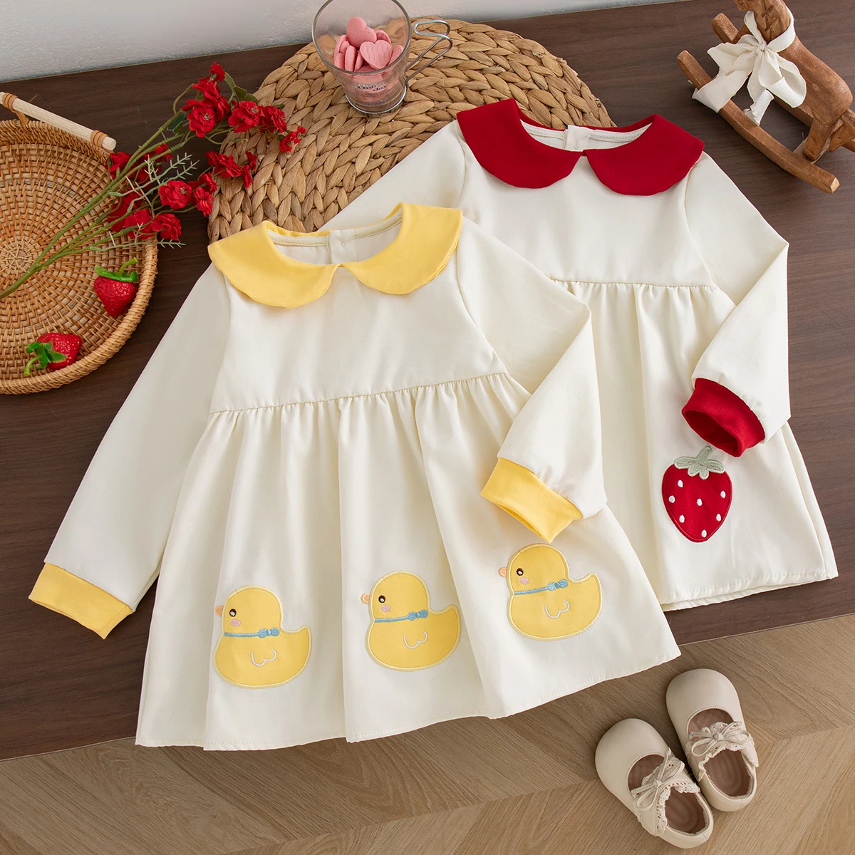 Baby Girl Long Sleeve Dress Doll Collar Yellow Duck Embroidery Dress for 0-3Y Girls Spring Fall Casual Outfit OOTD