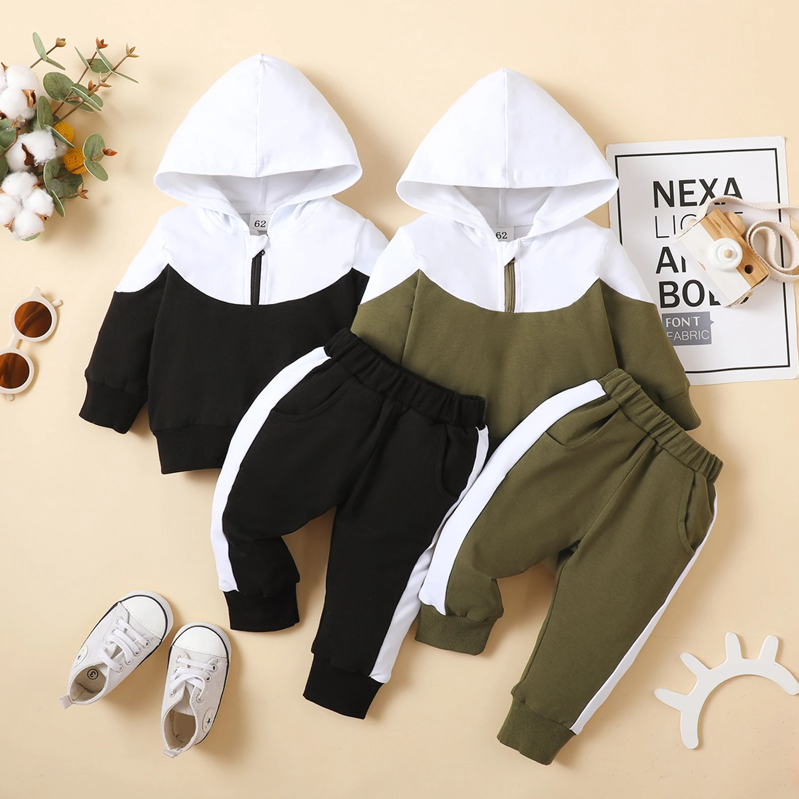 

2pcs Baby Boys Tracksuit Autumn Clothes Contrast Color Long Sleeve Hooded Patchwork Tops with Zipper Long Pants Outfit