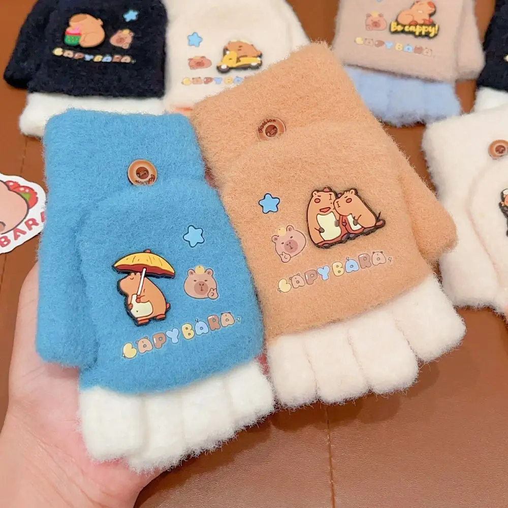 

New 5-12Years Old Capybara Winter Flip Gloves Thickened Cold-Proof Half Finger Gloves Warm Elastic Kids Knitted Mitten School