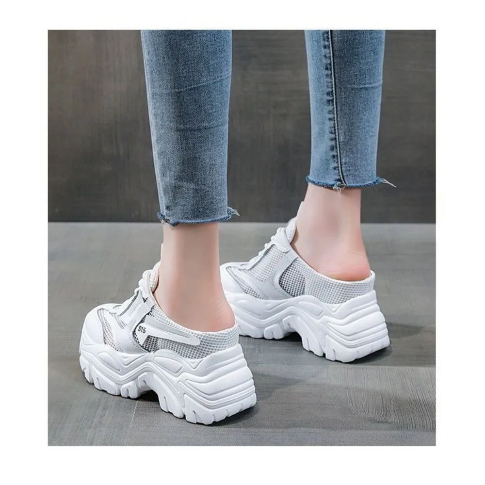 Spring Summer Autumn New Platform Shoes for Women 9.5cm Heel Mesh Breathable Casual Sneakers Women Half Slipper Shoes