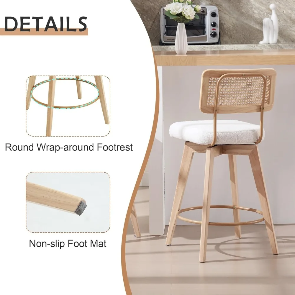26” Natural Rattan Bar Stools, Swivel Solid Wood Counter Stools Set of 2, Upholstered Armless Island Stools with Wooden Legs and