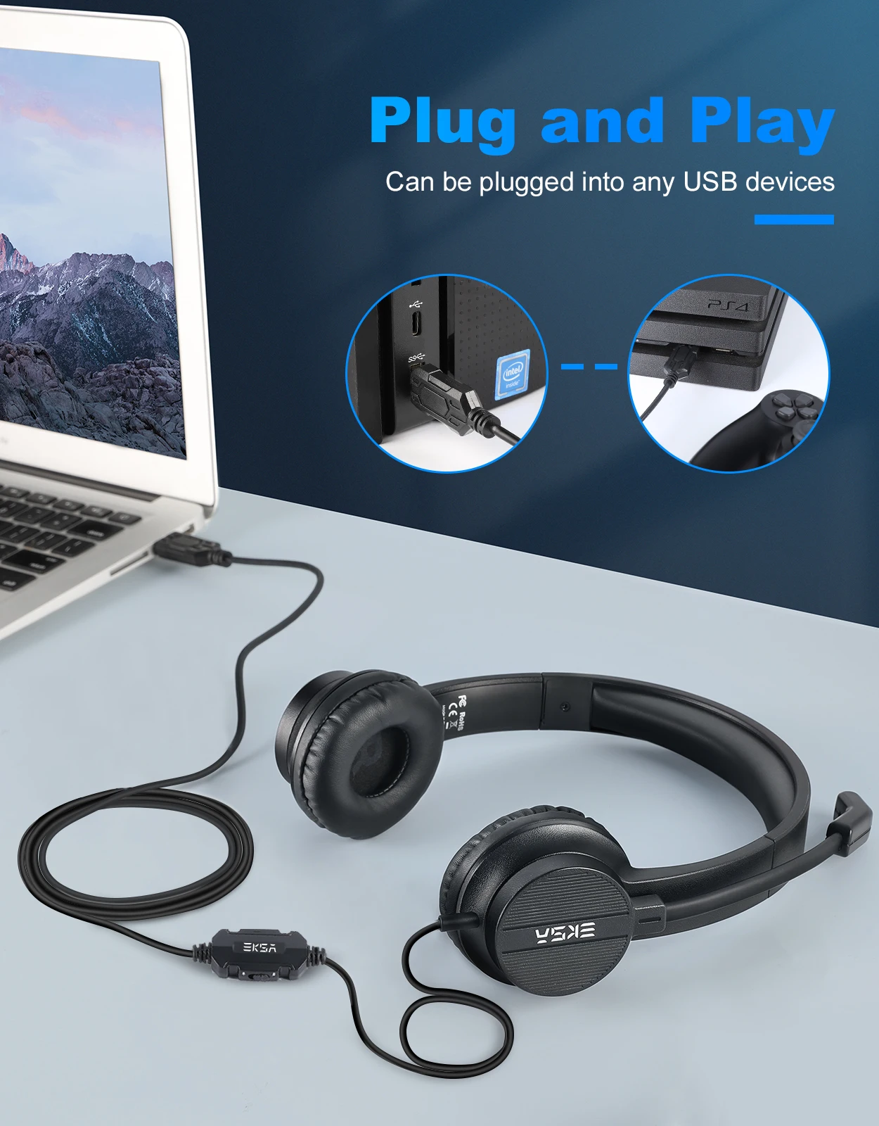 Eksa H12E Office Headset On-Ear Usb Bedrade Computer Hoofdtelefoon Met Microfoon Enc Call Center Headset Gamer Voor Pc laptop Skype