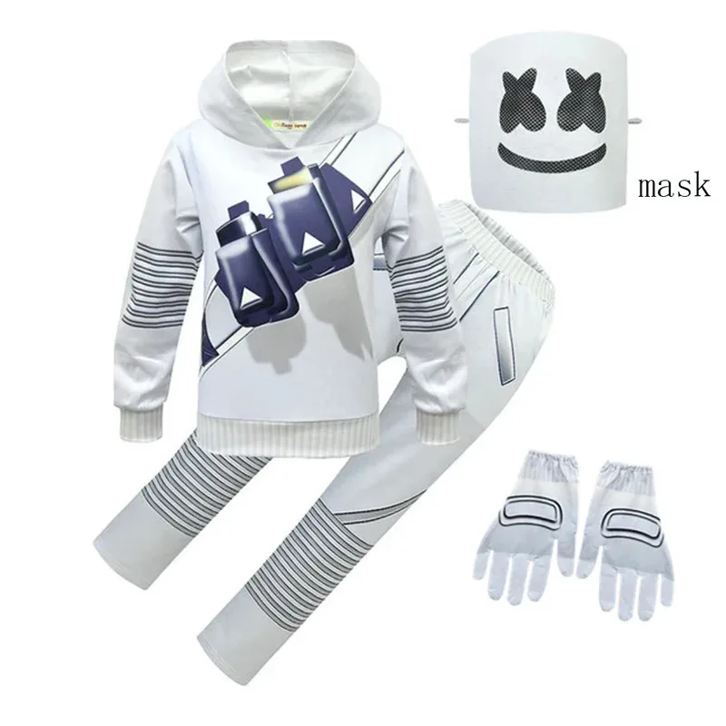 l2025l Halloween Kids Halloween Costume Boys Marshmello DJ Mask Interesting Jumpsuit Headgear Hoodies Suit Music Christmas Party