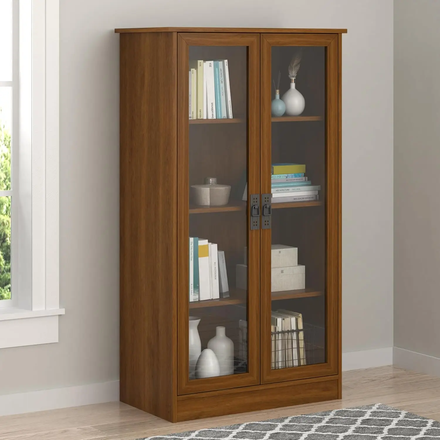 Home Quinton Point 4 shelves Bookcase with Glass Doors, Inspire Cherry