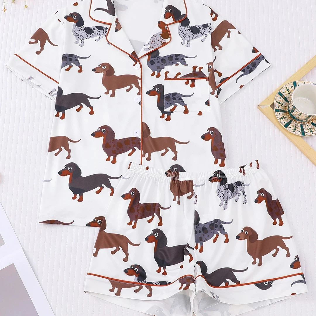 Women Pajama Set Animals Themed with Dog Print Lapel Shorts-sleeved and Shorts Pants Home Wear Gifts