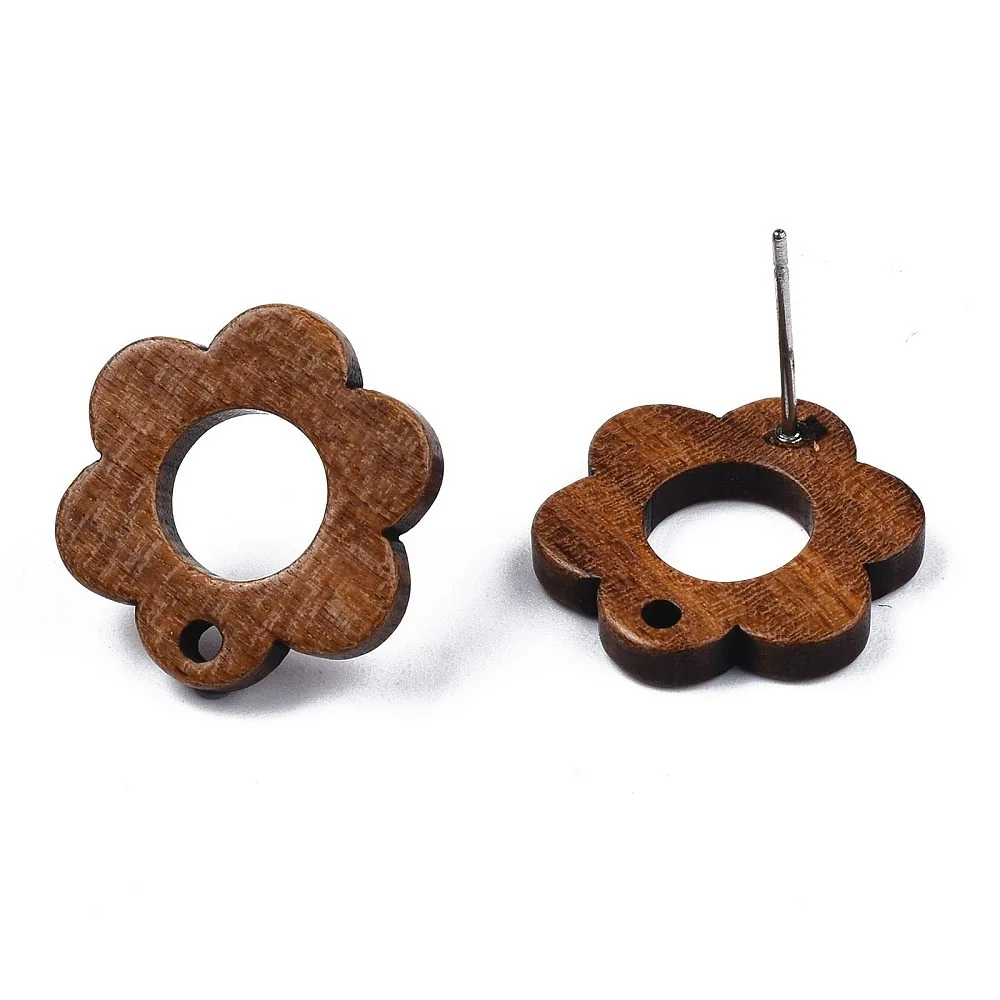 

20pairs Walnut Wood Stud Earring Findings with Hole and 304 Stainless Steel Pin Hollow Flower Peru 17.5x17.5mm Hole: 1.6mm