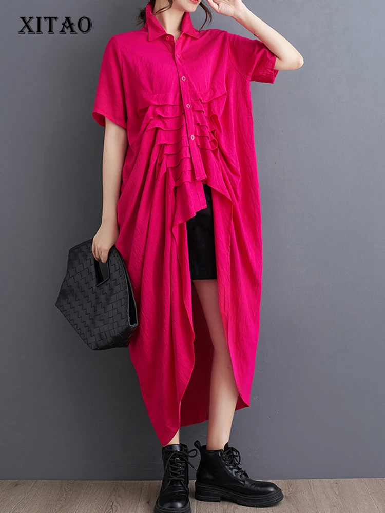 XITAO Asymmetric Single Breasted Dress Half Sleeve Casual A-line Personality Turn-down Color Solid Color Female Dress HJF1231