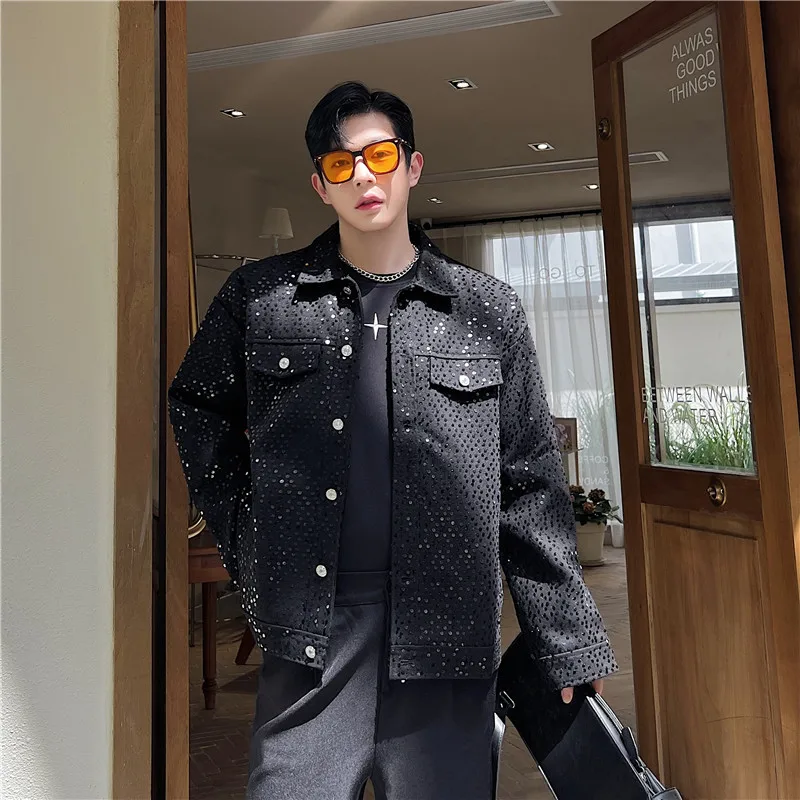 Men's 2024 Autumn Winter Light Luxury High-end Sequined Small Fragrant Male Coats Men's Loose Trendy Bright Silk Handsome Jacket