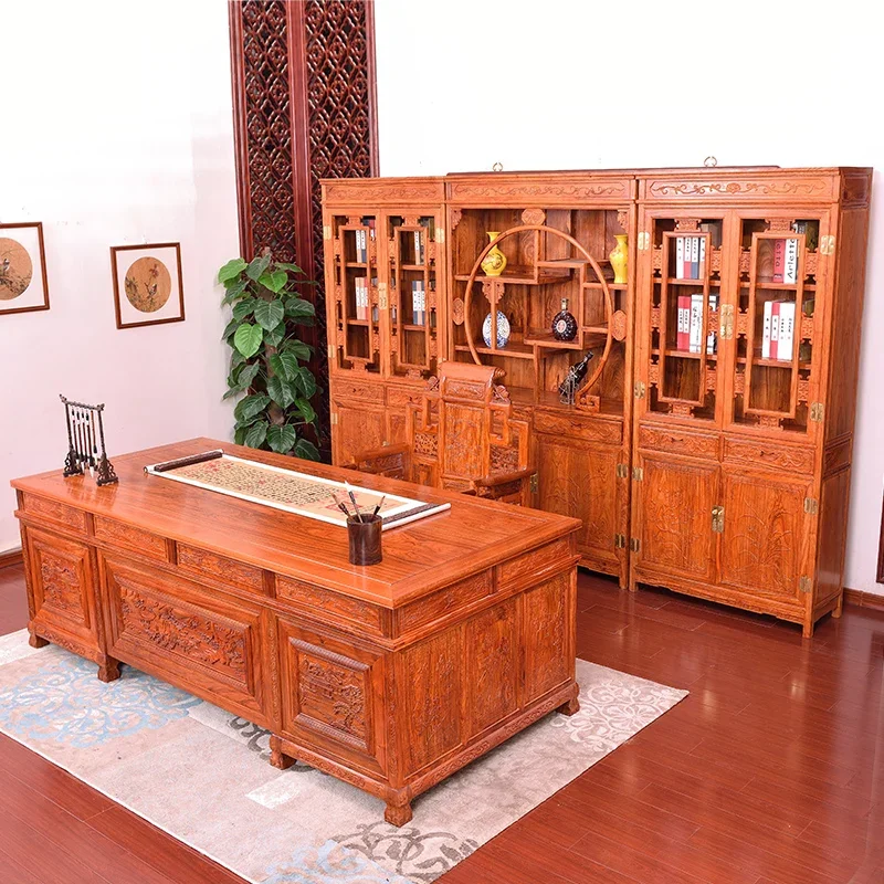 

Mahogany furniture, hedgehog, rosewood, boss desk, desk, bookcase, combination rosewood, solid wood, new Chinese style large pan