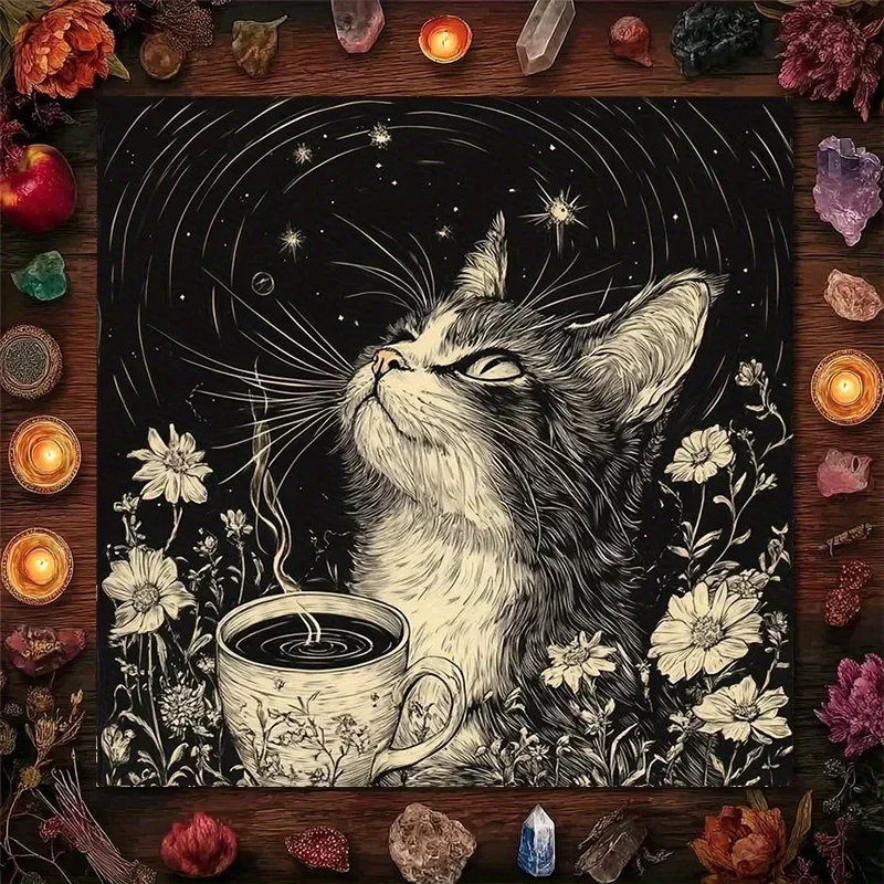 50/75/110cm Black White Starry Cat Coffee Tarot Altar Cloth Retro Floral Ritual Tablecloth Tarot Reading Cloth Energy Cleansing