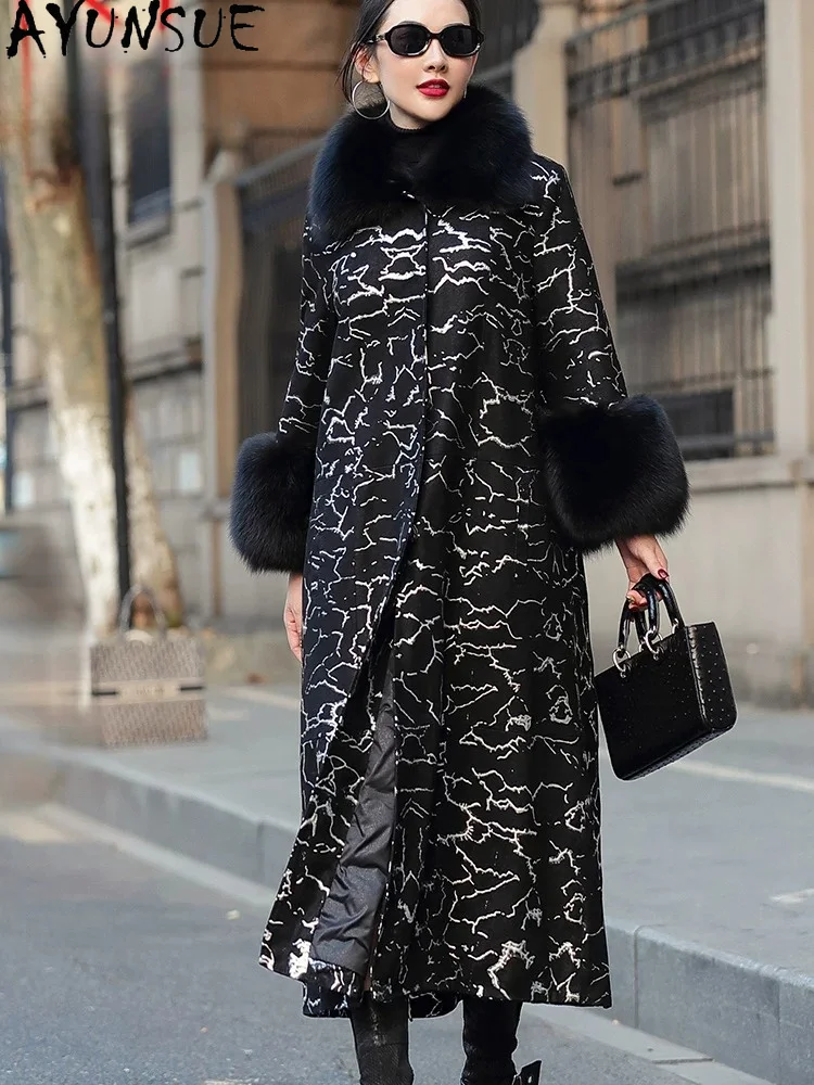 AYUNSUE Real Leather Jacket Women Warm Fox Fur Collar Natural Sheepskin Down Coat Winter Clothes Fashion Windbreaker Fox Cuff