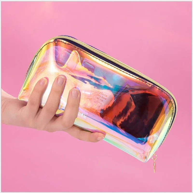 Zipper Women Waterproof Makeup Case Travel PVC Beauty Make Up Pouch Lady Organizer Storage Bag Transparent Laser Cosmetic Bag