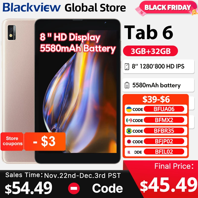 Blackview Tab 6  Tablet  8'' HD Display Unisoc T310  3GB 32GB 3G 3.5mm jack 5580mAh Battery WiFi 5MP Camera Android 11 Pad PC