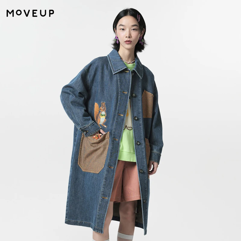 MOVEUP Long Sleeved Lapel Trench 2026 Spring New Fun Squirrel Embroidery Contrast Pocket Commuting Trench For Women 324140703