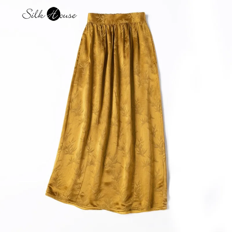 

Rich and Noble Style 30MM 60% Natural Mulberry Silk Interwoven GuanLe Satin Bamboo Leaf Gilded Women's Fashion Summer Skirt