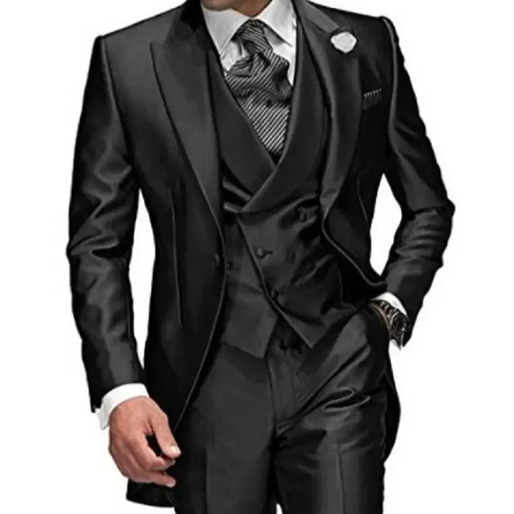 Charcoal Grey Men Suits Peaked Lapel 3 Pieces 1 Button Groom Tuxedos Wedding Suit For Men Set Custom Made (Jacket+Pants+Vest)