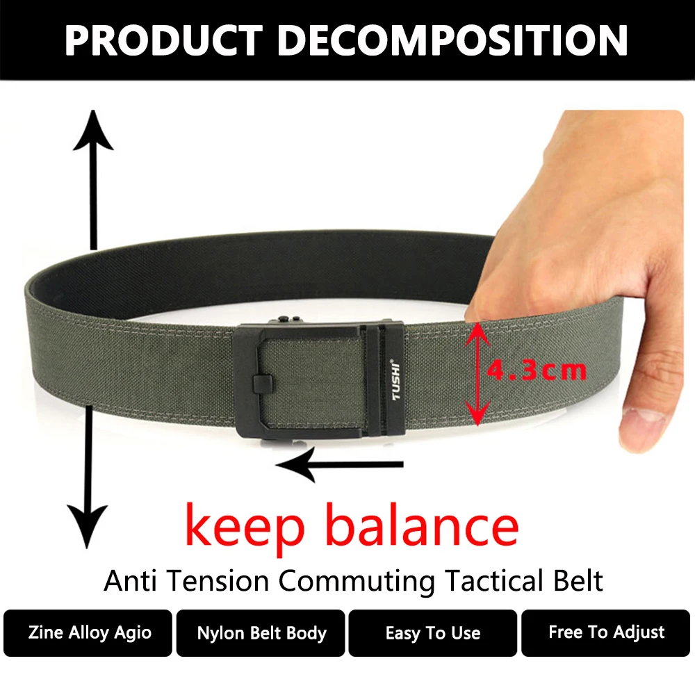 เข็มขัดยุทธวิธี TUSHI ขนาด 43 มม. สำหรับผู้ชาย หัวเข็มขัดโลหะแบบอัตโนมัติ เข็มขัดสำหรับเจ้าหน้าที่ตำรวจและทหาร ทำจากไนลอน 1100D เข็มขัดใส่ปืน เข็มขัดลำลองสำหรับผู้ชาย