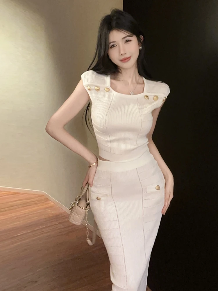 Korean Style Pure Desire Square Collar Button Knitted Short T-Shirt Top Elastic Waist Skirt Two Piece Set Fashionable Summer ...