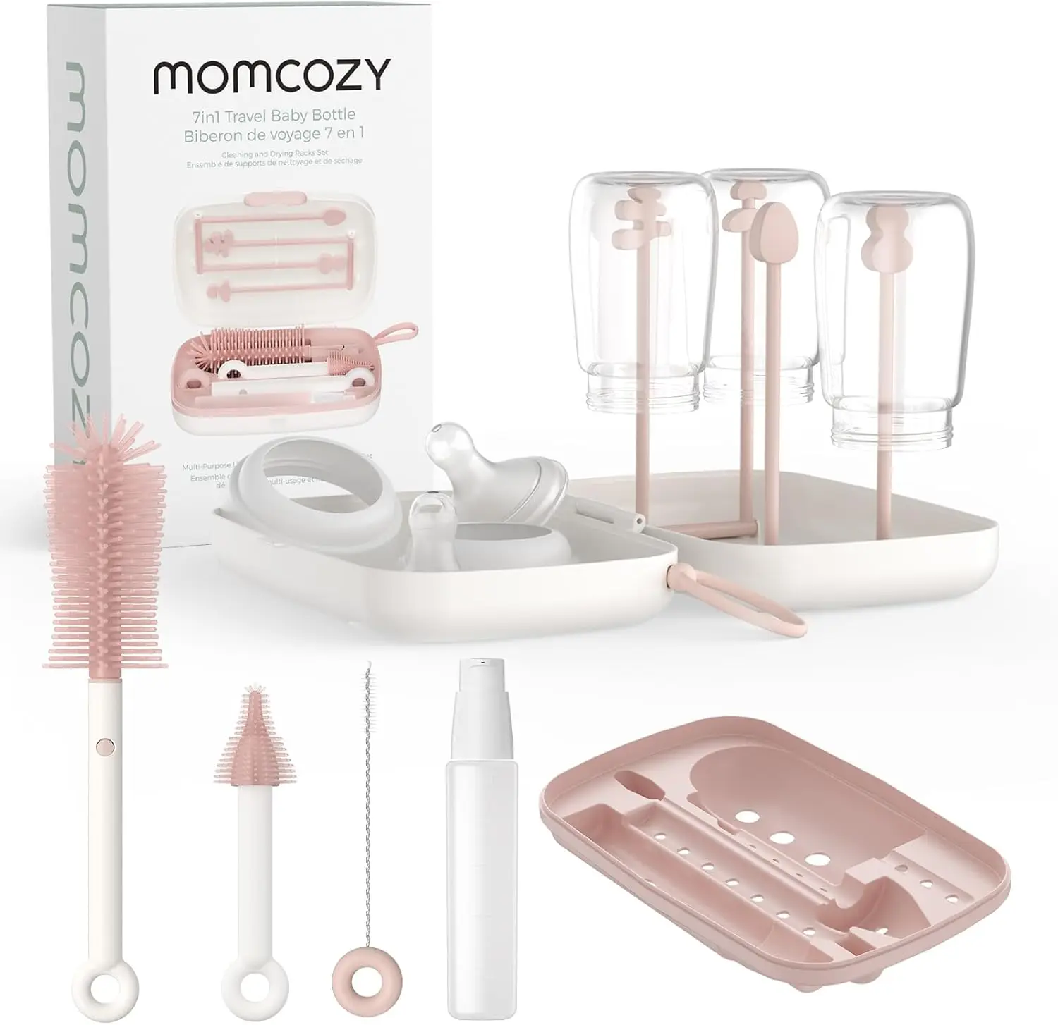 

7-in-1 Baby Bottle Cleaner Kit with Silicone Brushes, Soap Dispenser and Drying Rack for Home and Travel