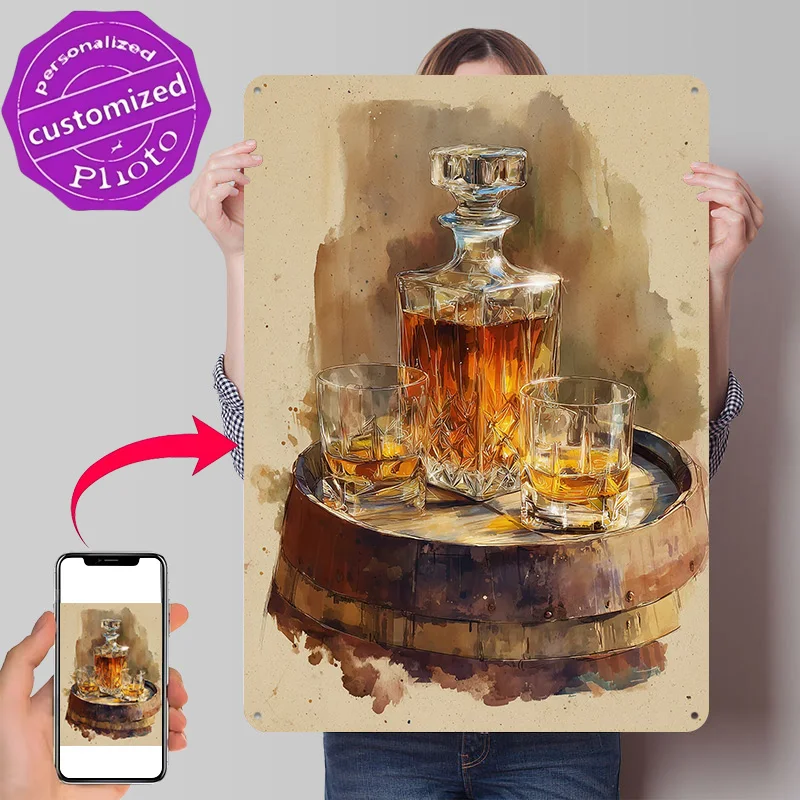 Whiskey Decanter and Glasses on Barrel 3D Texture Metal Poster Customized Wall Art Tin Sign Gift for Mancave Wand Deko Decor