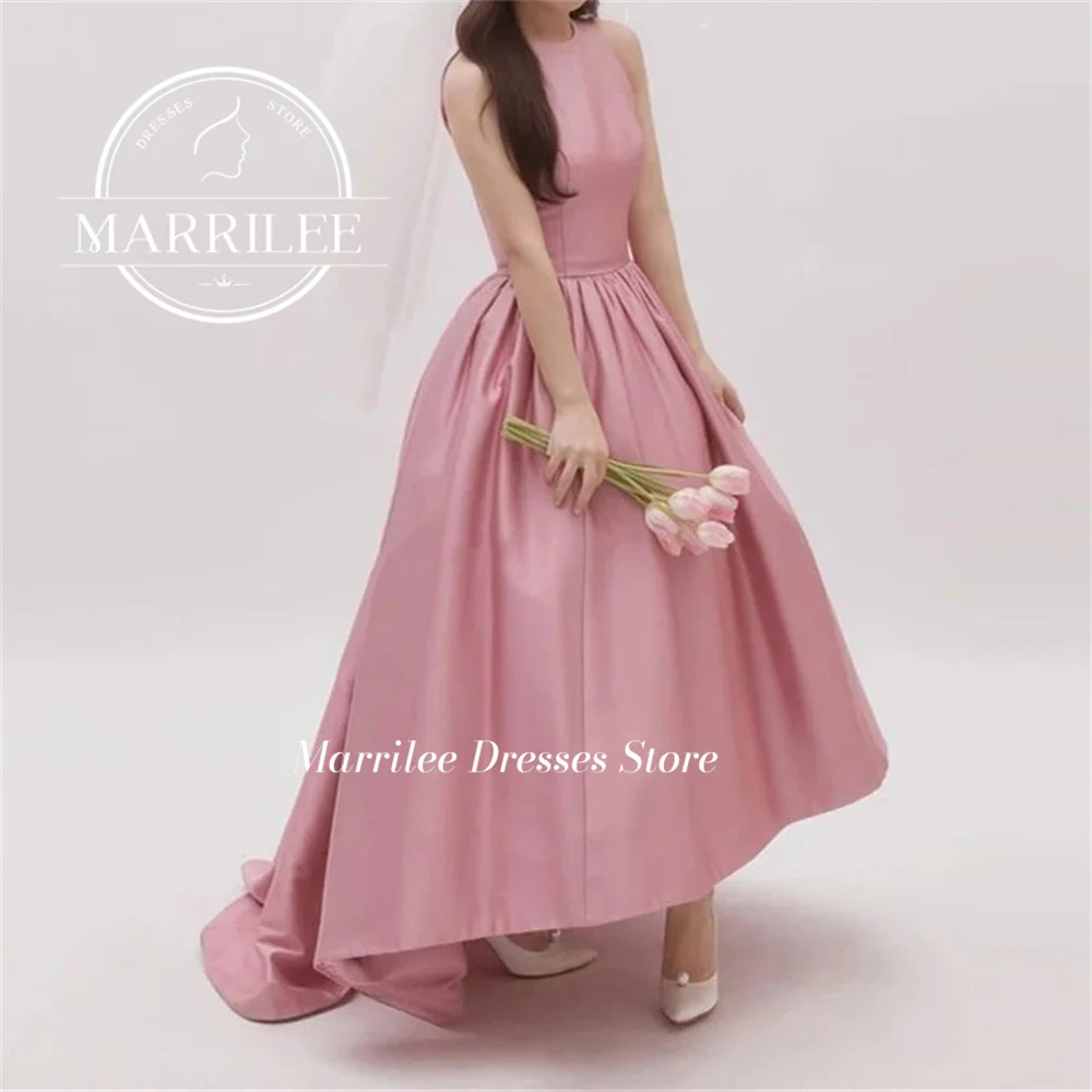 Marrilee-Pink High Low Stain Vestidos De Noite, Vestidos A-Line, O-Neck, Até O Chão, Sem Mangas, Plissado, Simples Prom Party Gown, Elegante