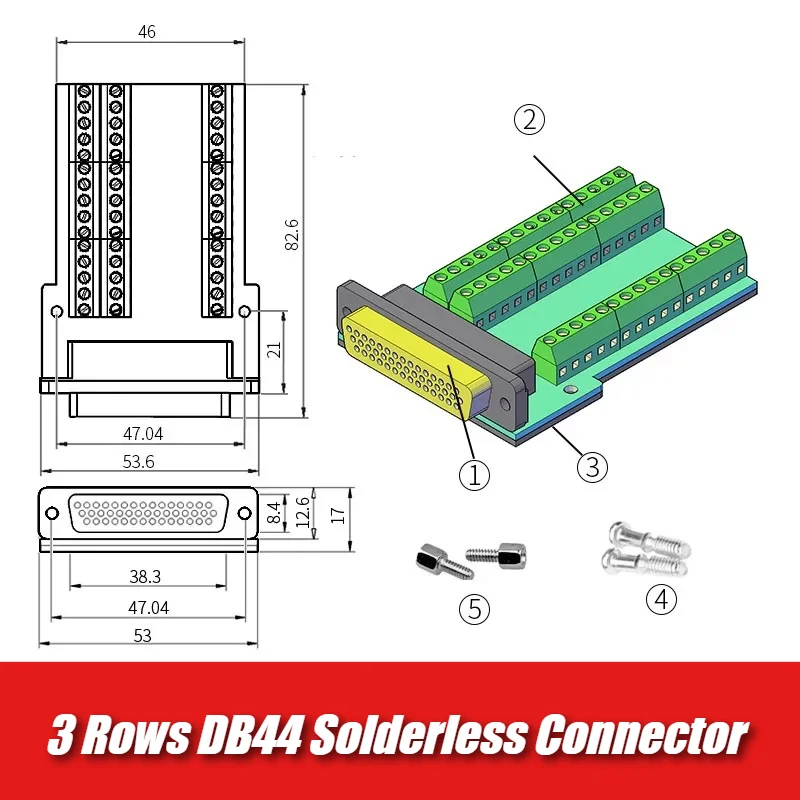 HDB44 Solderless Connector Joint Industrial 3 Rows D-SUB 44 Pin Male Female P Pin Hole Plug DB44 Breakout Terminal Board Adapter