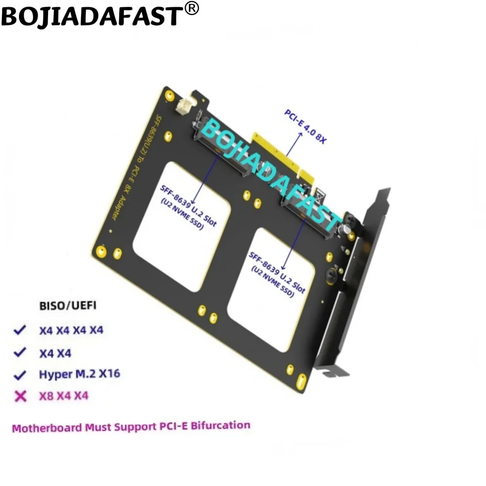 

PCI-E 4.0 8X To 2 x SFF-8639 U.2 Connector Adapter Card For U2 NVME SSD Motherboard Support PCIe x4x4 Bifurcation