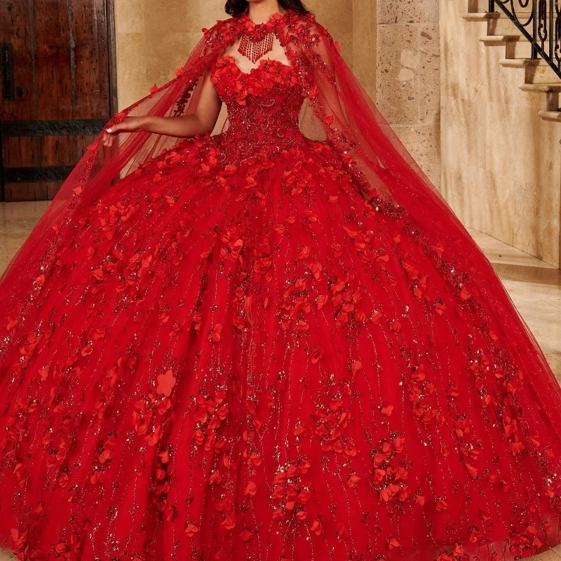 Red Princess Off Shoulder Ball Gown Quinceanera Dresses With Cape 3D Flower Beads Corset Sweet 16 Dress Gowns vestido de 15