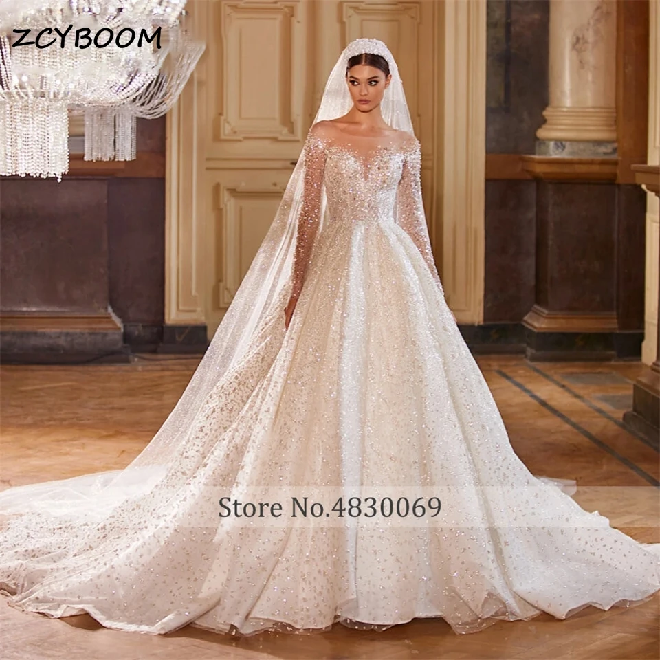 

Luxury O-Neck Crystal Sequined Illusion Ball Gown Wedding Dresses For Women 2024 Court Train Bridal Gowns Vestido De Noiva