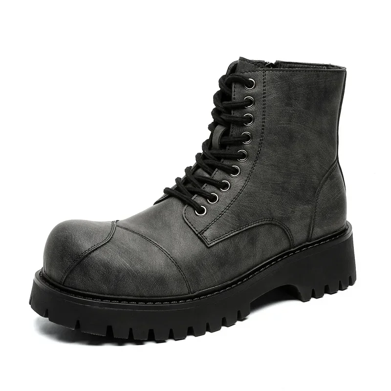 

2025 Men's Style Niche High-end Design Thick-soled Heightening Locomotive Pure Black Trend Tooling Big Head Chelsea Boots