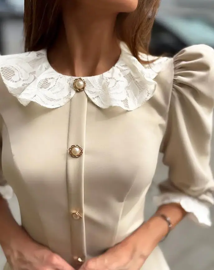 

Lace Collar Pleated Party Dress Waist Cinching Button up Front Border Detail Women's Fashion Elegant Dress