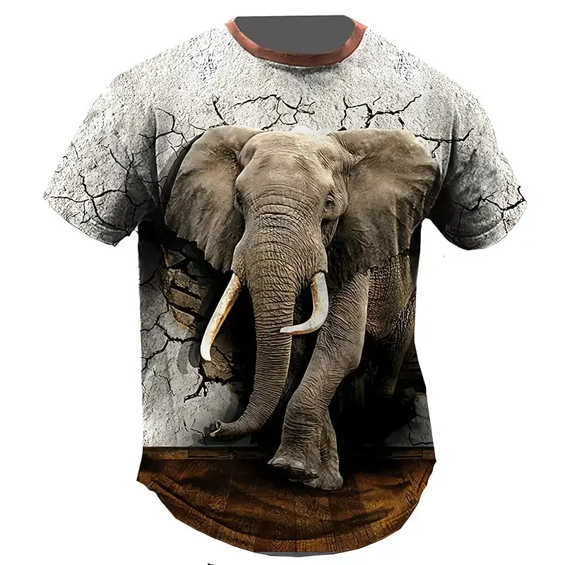 Men's 3D African Elephant Print T-Shirt Wildlife Jungle Animals Cracked Wall Graphic Crew Neck Short Sleeve Tee