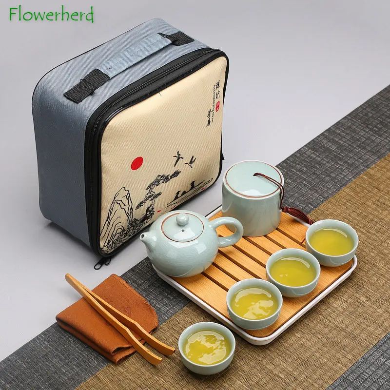 

Business Gift Kung Fu Tea Set Teaware Geyao Ruyao Travel Tea Set A Pot of Four Cups Office Home Gifts