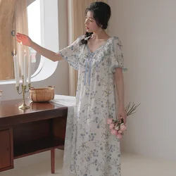 Women Casual Printed Cotton Nightdress  Sweet Ruffle Decoration V-Neck Short Sleeves Nightdress Loose Design Nightgown Homedress