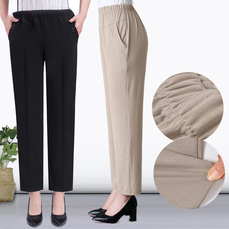 Middle Aged and Old Women Spring Summer Pant Thin Elastic Waist Loose Cotton Mother Long Casual Trousers Plus Size M-3XL