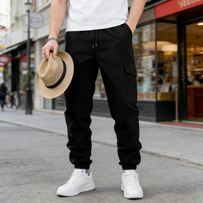Men's Polyester Woven Cargo Pants Drawstring Waist Multi Pocket Joggers Casual Elastic Cuff Trousers for Men