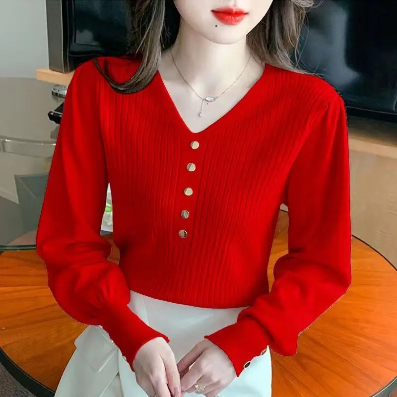 Autumn Winter New V-neck Pullovers Ladies Fashion Patchwork Solid Color Puff Sleeve Knitting Top Tee Women Clothing Simplicity