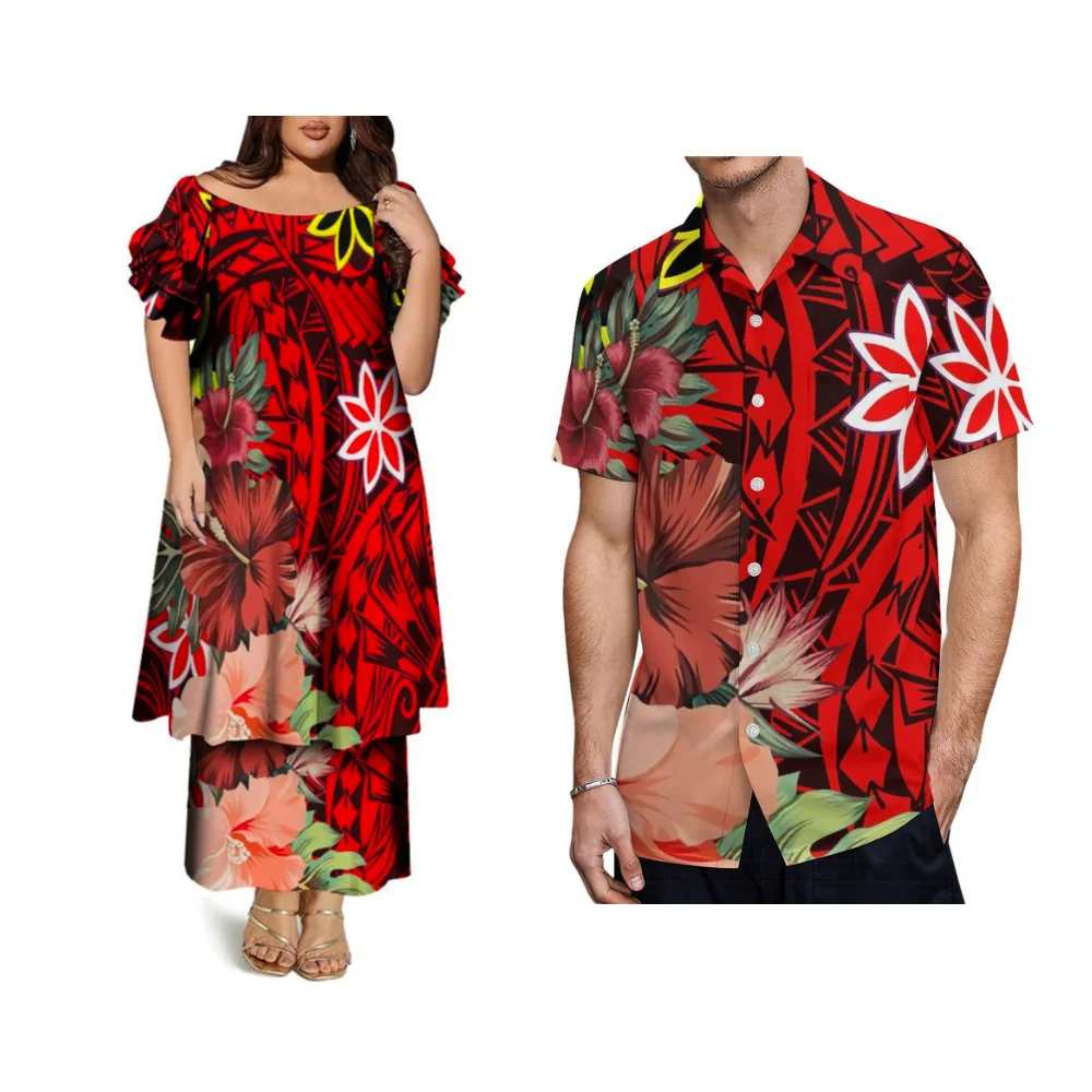 Summer Polynesian Custom Round-Neck Butterfly-Sleeve Double-Layer Skirt Set Puletasi Couple Women'S Dress Men'S Casual Shirt