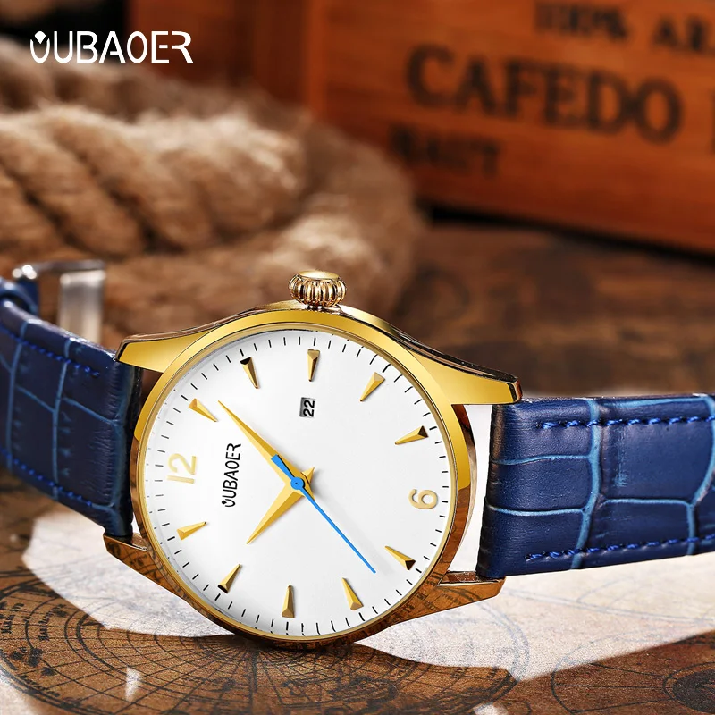 OUBAOER ساعات حركة كوارتز رجالية رجل حزام من الجلد ساعة اليد الذكور شهم سلسلة مقاوم للماء موضة ساعة الذكور عادية