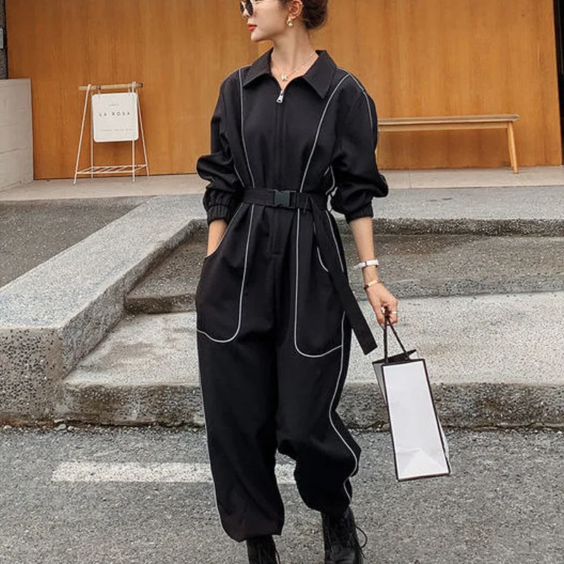 spring Summer autumn new Jumpsuits women Turn-down Collar Long Sleeve zipper patchwork Pockets High Waist All-match cargo pants