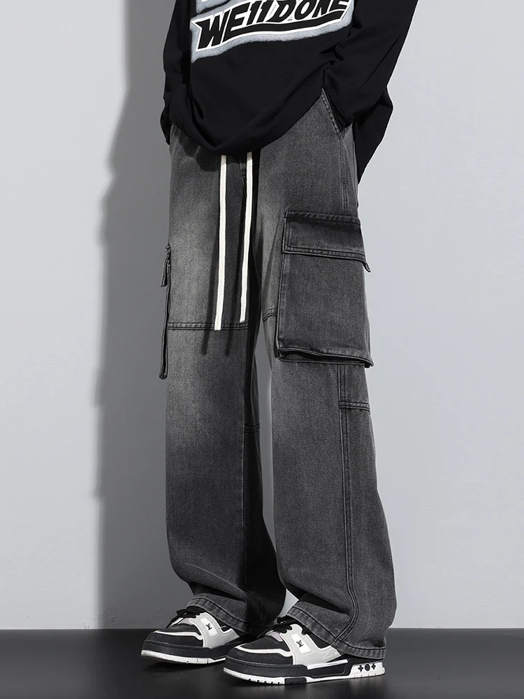 

Новые мужские мешковатые прямые джинсы-карго с эластичной резинкой на талии, винтажные синие, черные дымчато-серые джинсовые брюки, модные уличные мужские брюки