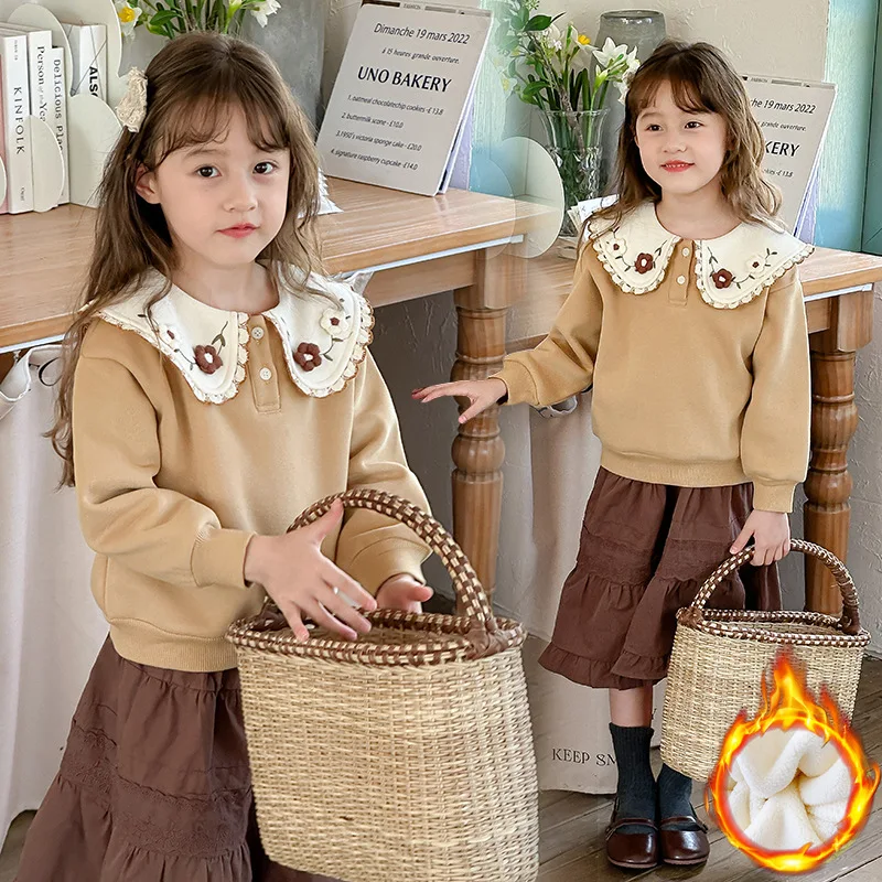 Autumn Winter Children Girl Thicken Sweatshirt School Girl Flower Embroidery Lapel Plus Velvet Pullovers Junior Girl Warm Tops