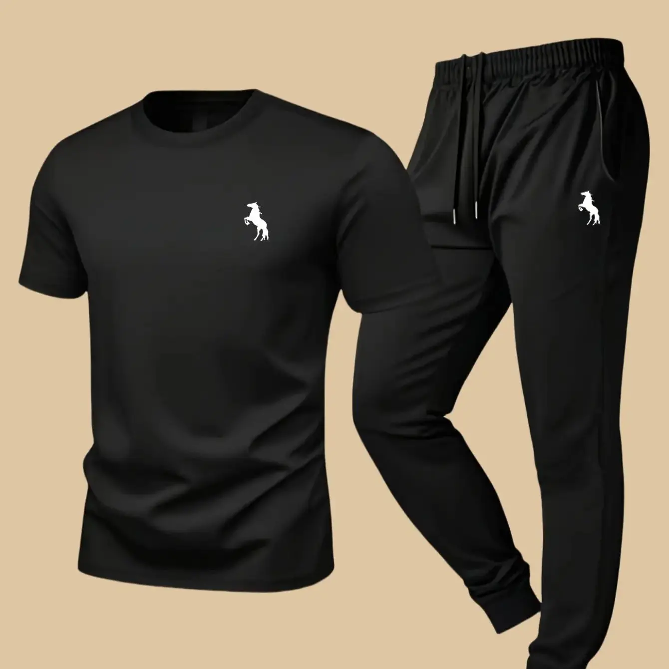 

New Men's 2-Piece Summer Sportswear - Black & White with Knight Logo Print Pure Cotton T-Shirt & Jogger Pants Set Breathable